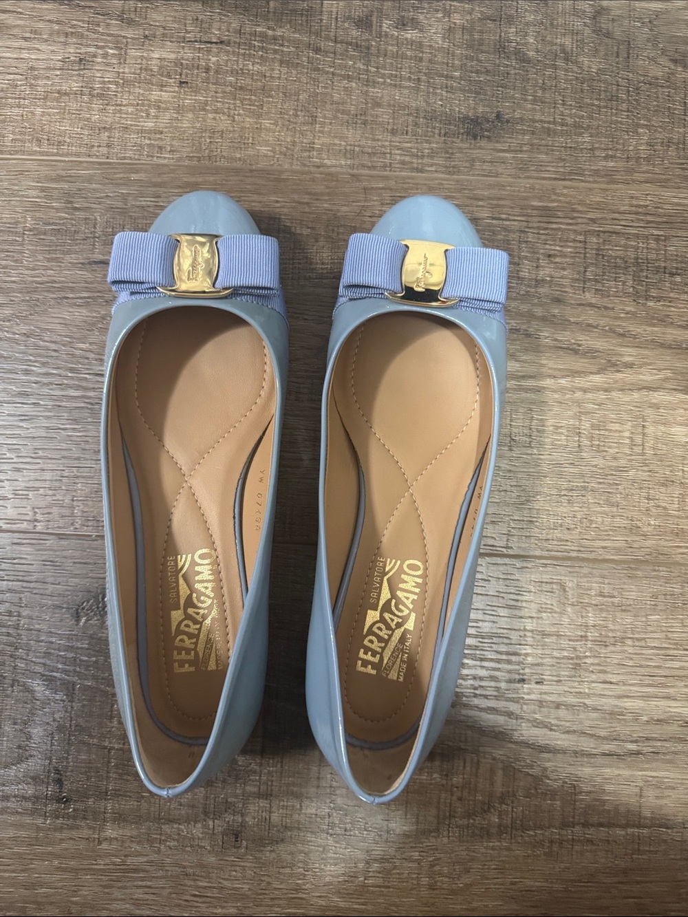 Salvatore Ferragamo Light Blue Varina Bow Patent Leather Ballet Flats